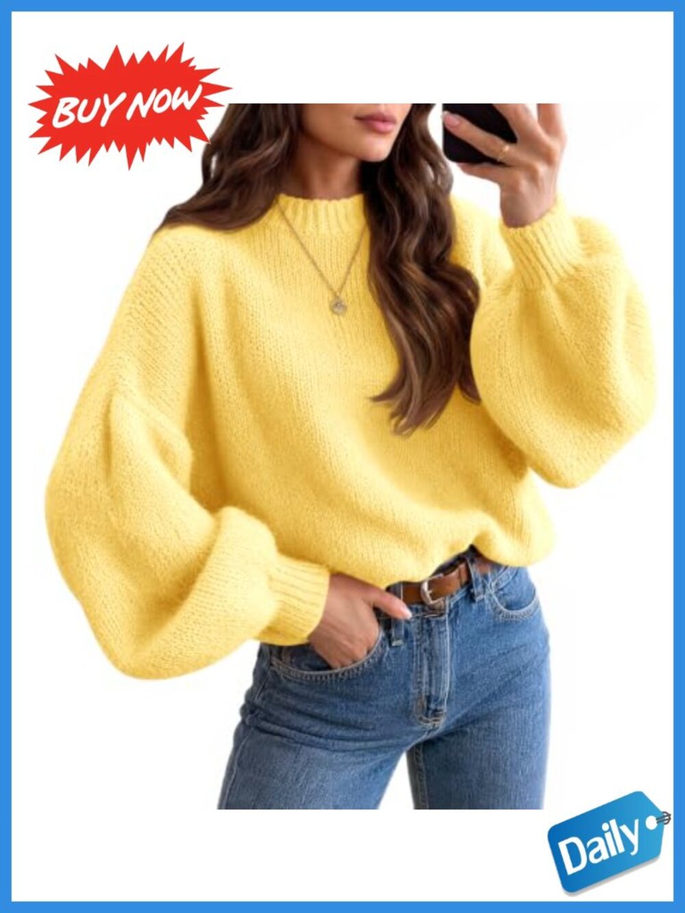 Women's Crew Neck Slouchy Soft Knit Pullover Sweater Lantern Sleeve